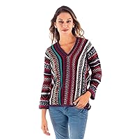 NOVICA Artisan Handmade Alpaca Blend Sweater Vneck with Sleeves Wool Clothing Multicolor Bohemian Geometric 'Fall Style'