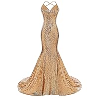 DYS Women's Sequins Mermaid Prom Dress Spaghetti Straps V Neck Backless Gowns Dark Gold US 12