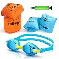 Arm Floaties for Kids,Swim Trainer Floaties and Kid's Swimming Goggles with Anti-Fog and Anti-UV(4 Pack),PVC Arm Floaties Inflatable Swim Arm Bands Floater Sleeves Children's Swimming Ring