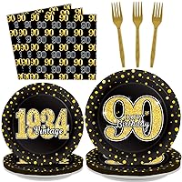 96PCS 90th Theme Birthday Party Tableware Vintage 1934 Party Supplies 90 Year Old Birthday Party Decorations Plates Napkins Forks Black and Gold Dinnerware Favors for Men or Women