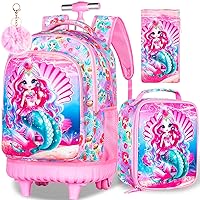 gxtvo 3PCS Girls Rolling Backpack, Water Resistant Roller Bookbag Set, Cute Kids School Bag with Wheels for Elementary Preschool - Pink Mermaid
