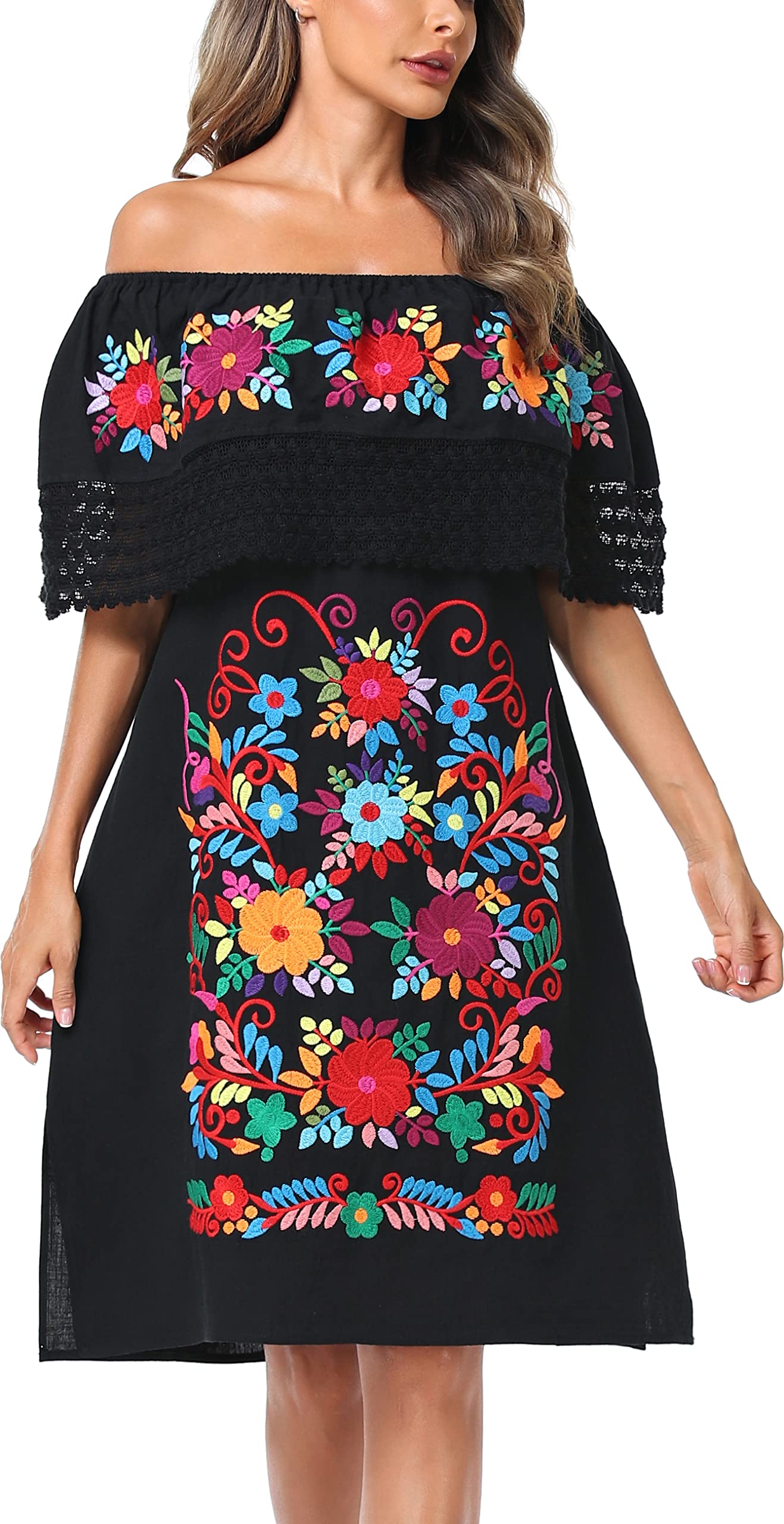 YZXDORWJ Women Embroidered Mexican Present Lace Off-Shoulder Dress