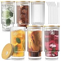 16Oz Glass Cups, 6Set Ribbed Drinking Glasses with Lids and Straws, Vintage Glassware for Whiskey Cocktail Beer, Iced Coffee Cups for Cute Gifts