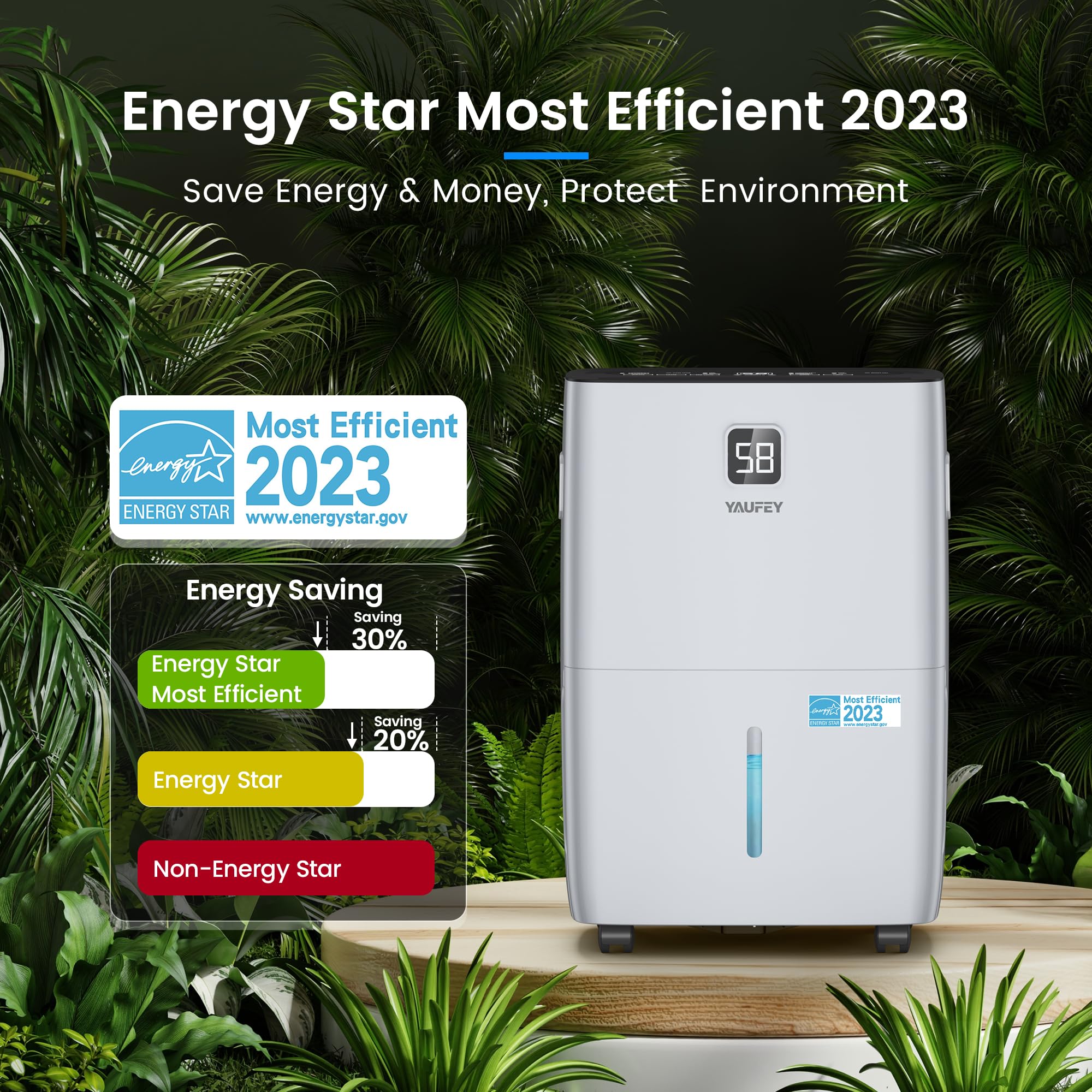 Yaufey 80-Pint Energy Star Dehumidifier for Home, Basement and Large Rooms up to 6000 Sq. Ft, Powerful and Quiet, with Timer, Intelligent Humidity Control, Drain Hose and Large Water Tank