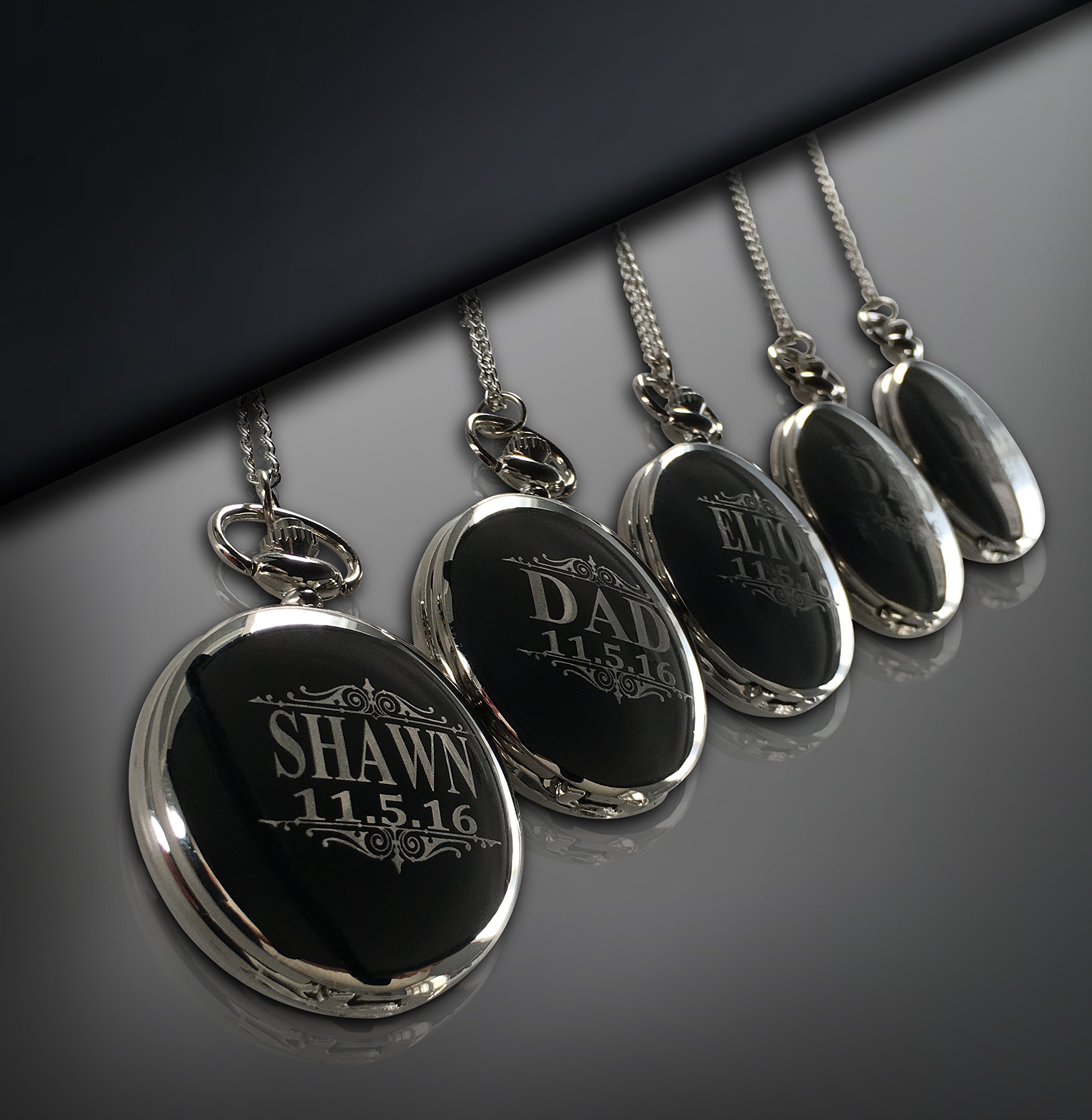 7 Engraved Pocket Watches, Set of 7 Groomsmen Wedding Unique Gifts, Chain, Box and Engraving Included, Comes in 5 Colors, His and her Gifts