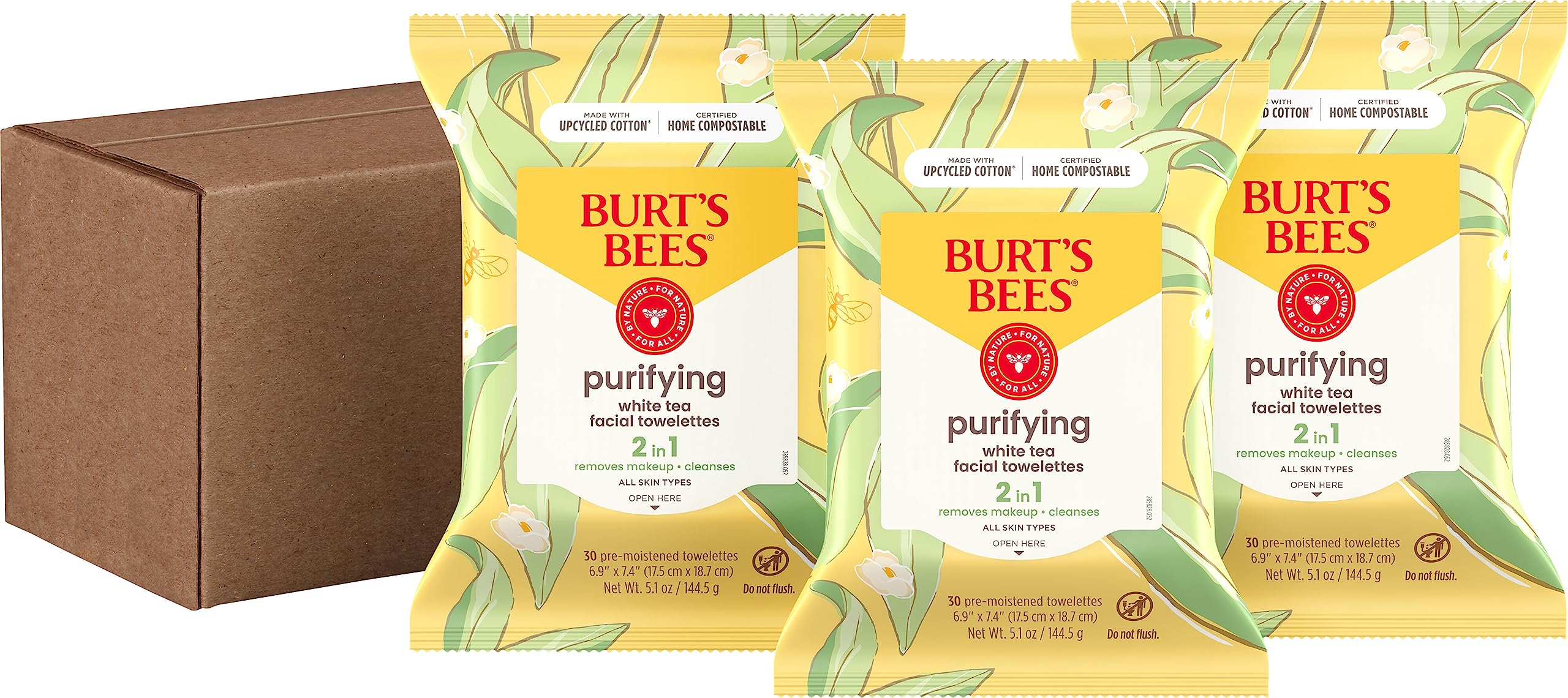 Burt's Bees Face Wipes, Makeup Remover Facial Cleansing Towelettes for All Skin Types, Hydrating with White Tea Extract, 30 Count (Pack of 3)