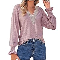 Lace Long Sleeve Shirts for Women Solid Color Fashion Tee Top V Neck Patchwork Leisure Clothes Tunics Party Home