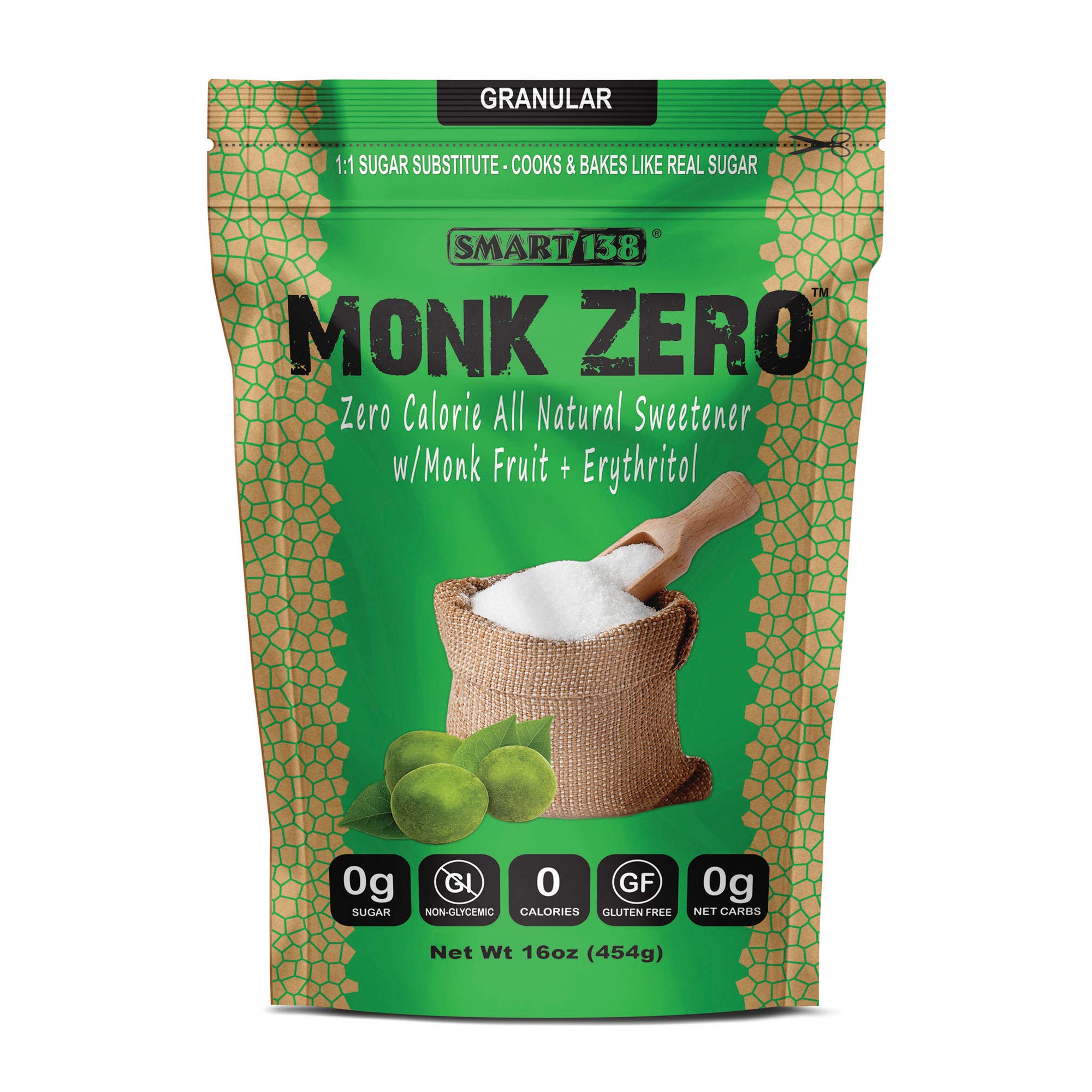 Monk Zero - Monk Fruit Sweetener, Non-Glycemic, Keto Approved, Zero Calories, 1:1 Sugar Substitute (Granular, 16oz)