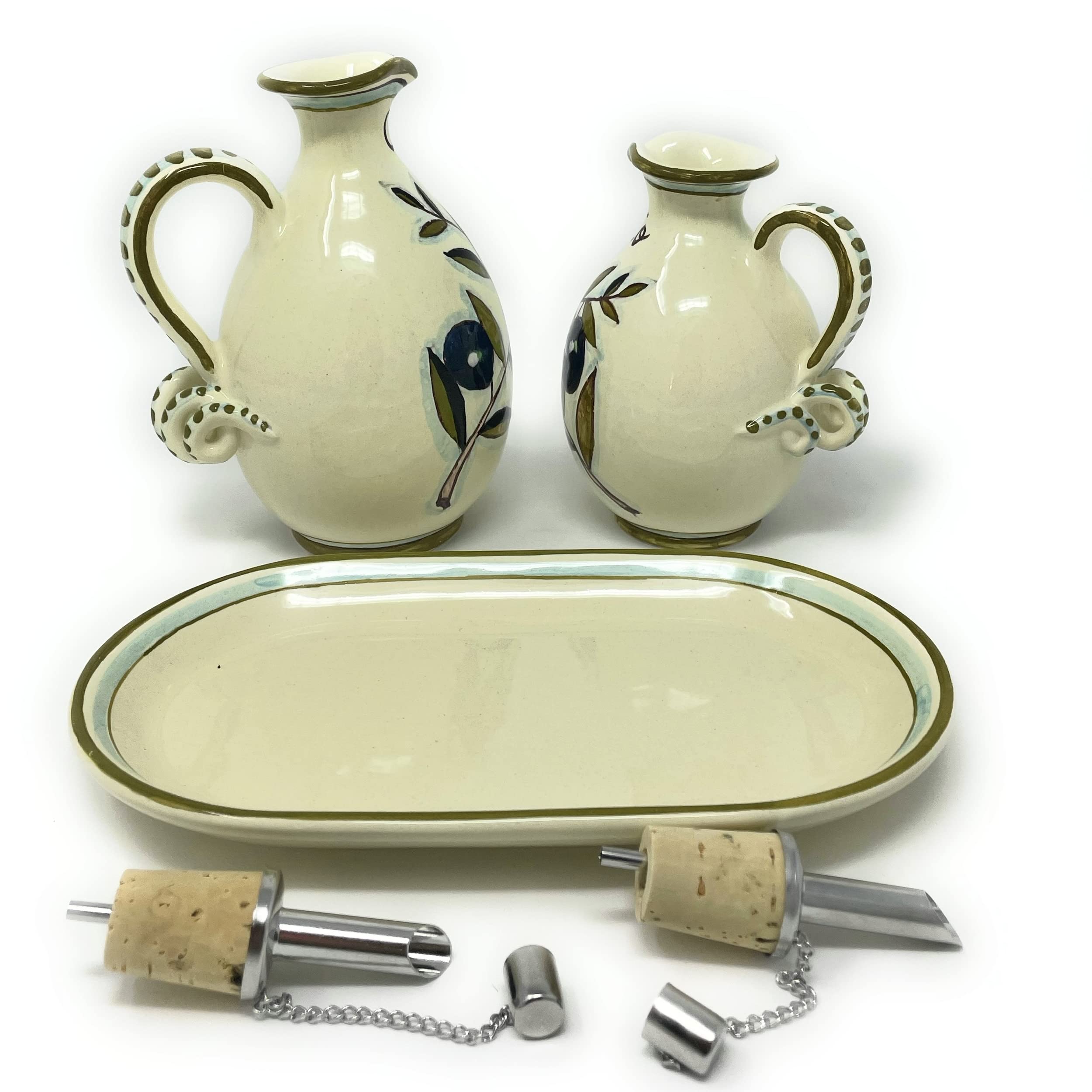 CERAMICHE D'ARTE PARRINI - Italian Ceramic Set Cruet Oil And Vinegar + Small Tray Art Pottery Hand Painted Made in ITALY Tuscan