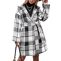 Kissonic Women's Hooded Plaid Brushed Trench Jacket Open Front Mid Long Cardigan with Belt(Grey-M)