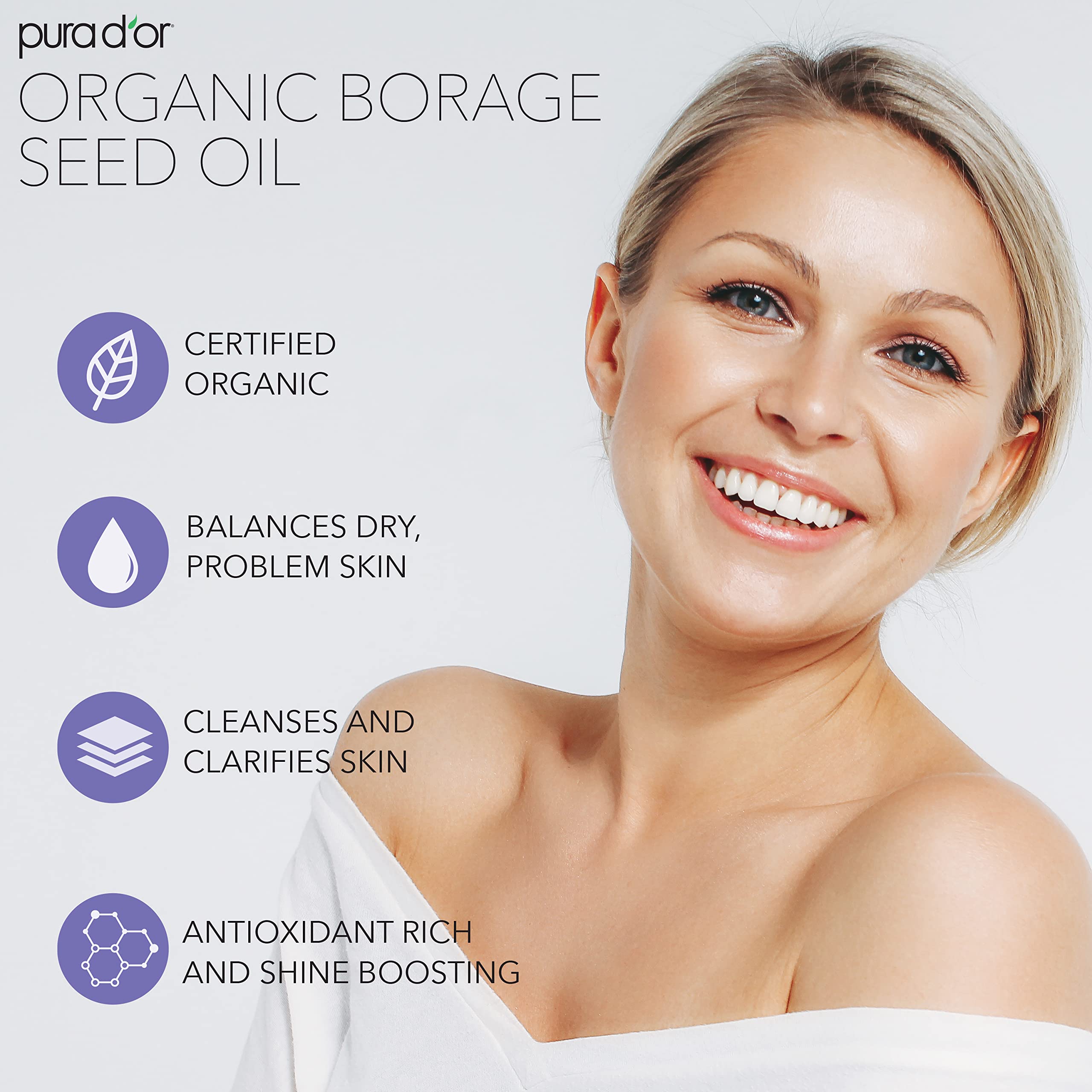 PURA D'OR Organic Borage Seed Oil (4oz / 118mL) 100% Pure USDA Certified Premium Grade Natural Moisturizer, Cold Pressed, Unrefined, Hexane-Free Base Carrier Oil for DIY Skin Care For Men & Women