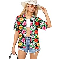 HAPPY BAY Women's Button Down Blouses Casual Summer Beach Party Blouse Shirt Floral Colorful Short Sleeve Tropical Vacation Button Up Hawaiian Shirts for Women XL Hibiscus, Black
