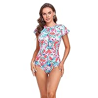 BIMEI One-Piece Mastectomy Swimsuit Zip Front Rash Guard Short Sleeve Pocketed for Women Sport Bathing Athletic Printed 2216