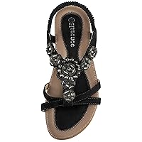 HARENCE Sandals Women Summer Flats: Comfortable Elastic Ankle Strap Dress Flat Shoes Casual Slip on Open Toe Bling Bohemian Beach Sandal