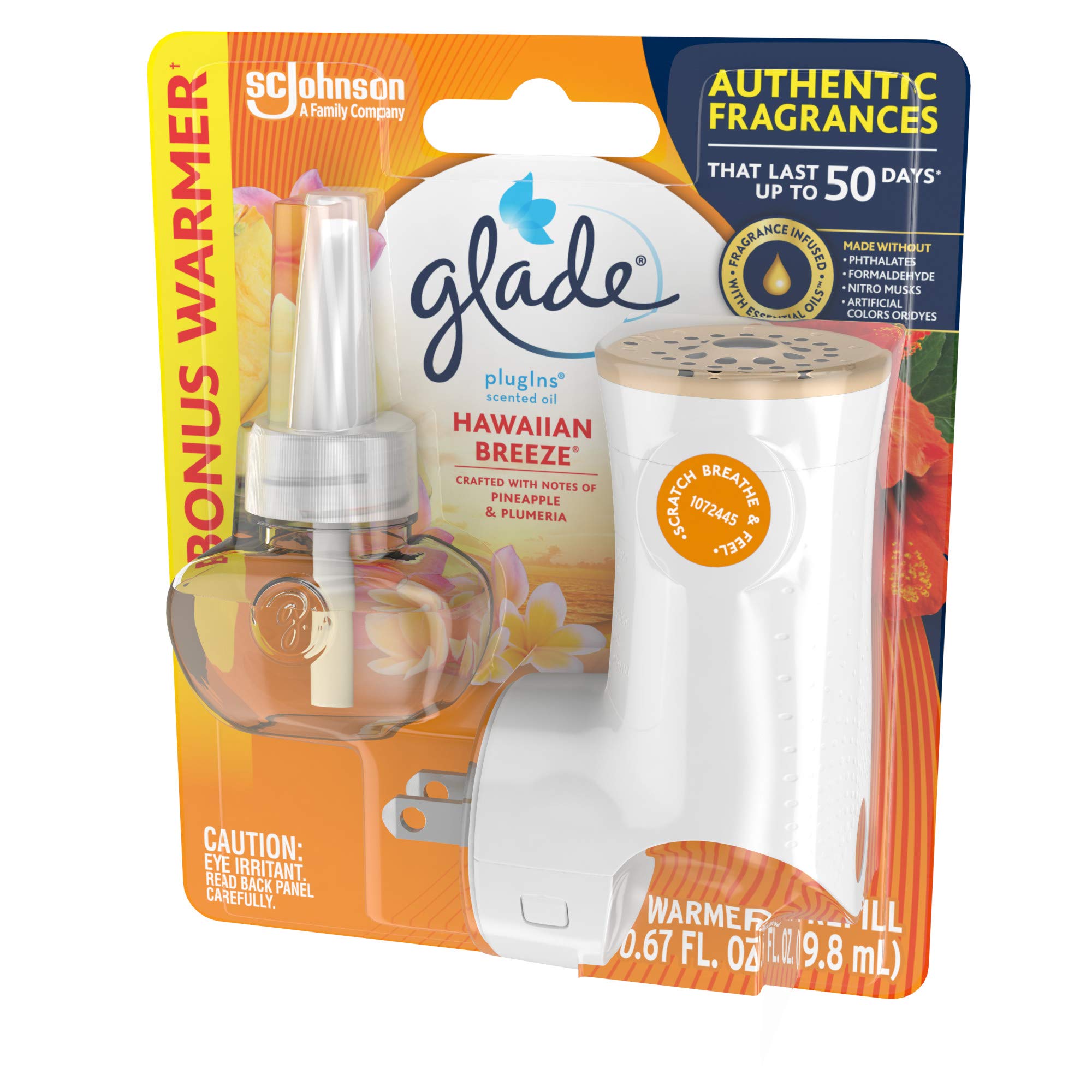 Glade PlugIns Refills Air Freshener Starter Kit, Scented Oil for Home and Bathroom, Hawaiian Breeze, 0.67 Fl Oz, 1 Warmer + 1 Refill