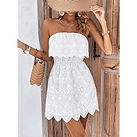 Women's Dress Dresses for Women Eyelet Embroidery Scallop Trim Tube Dress (Color : White, Size : X-Small)