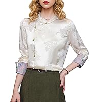LAI MENG FIVE CATS Women's Vintage Chinese Silk Satin Top Embroidery Elegant Jacquard Casual Blouse