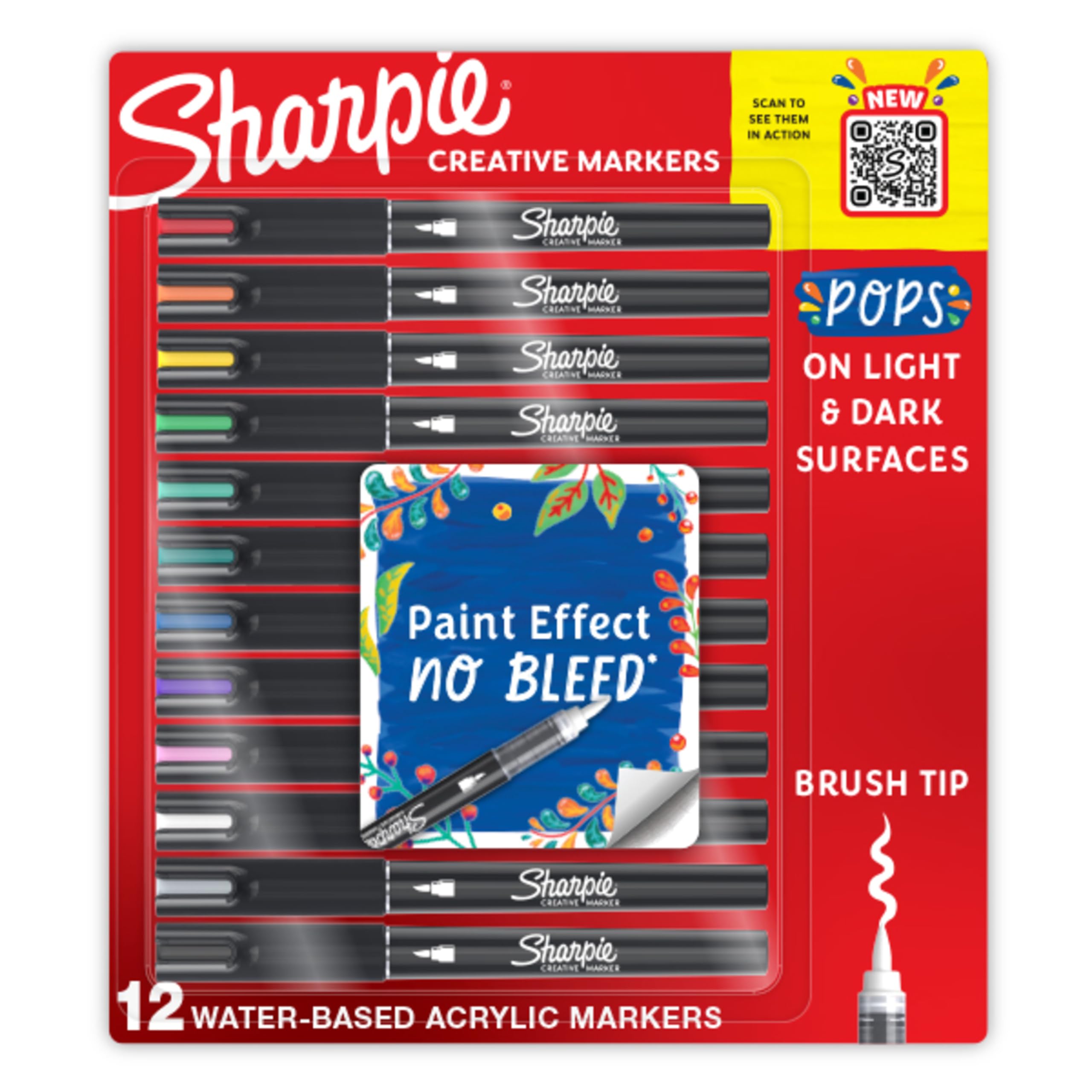 SHARPIE Creative Markers, Water-Based Acrylic Markers, Brush Tip, Assorted Colors, 12 Count