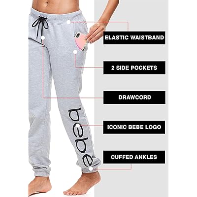 bebe Womens Sweatpants Joggers, French Terry Lounge Pants with Gathered  Cuffs, Logo Pajama Pants for Women