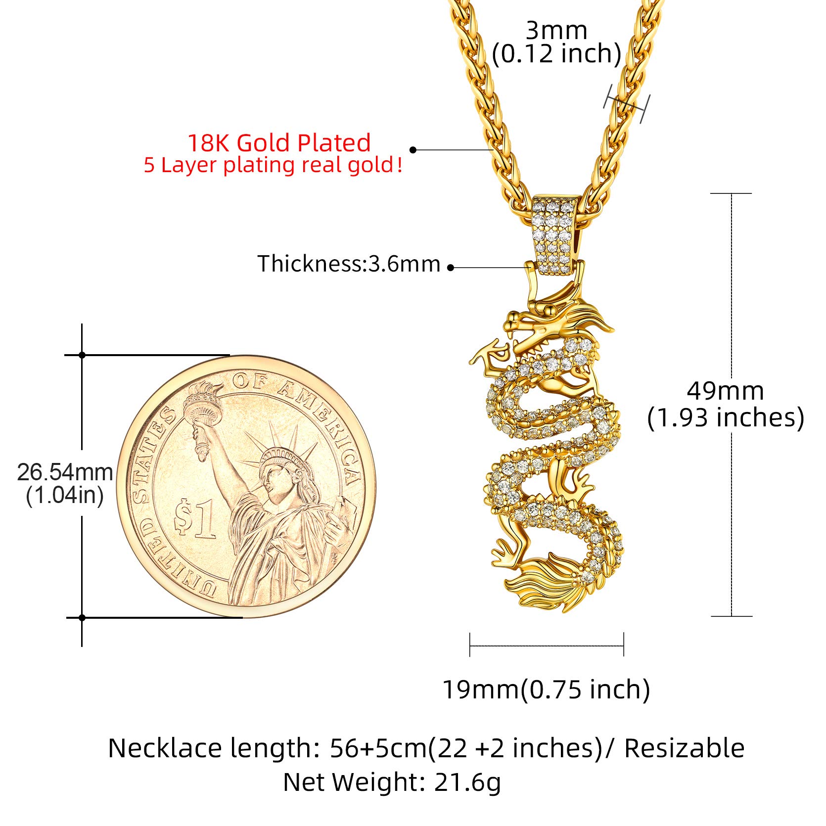 GoldChic Jewelry Gold Dragon Buddha Necklace for Men Women, Chinese Religion Lucky Amulet Jade Pendent Protection Fengshui Jewelry