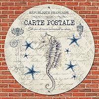 French Carte Postale Postcard Nautical Ocean Sea Horses Starfish Round Metal Tin Sign Vintage Metal Art Prints Weathered Pub Pub Sign Plaque Wreath Sign for Garage Office Decor Novelty Gift Idea