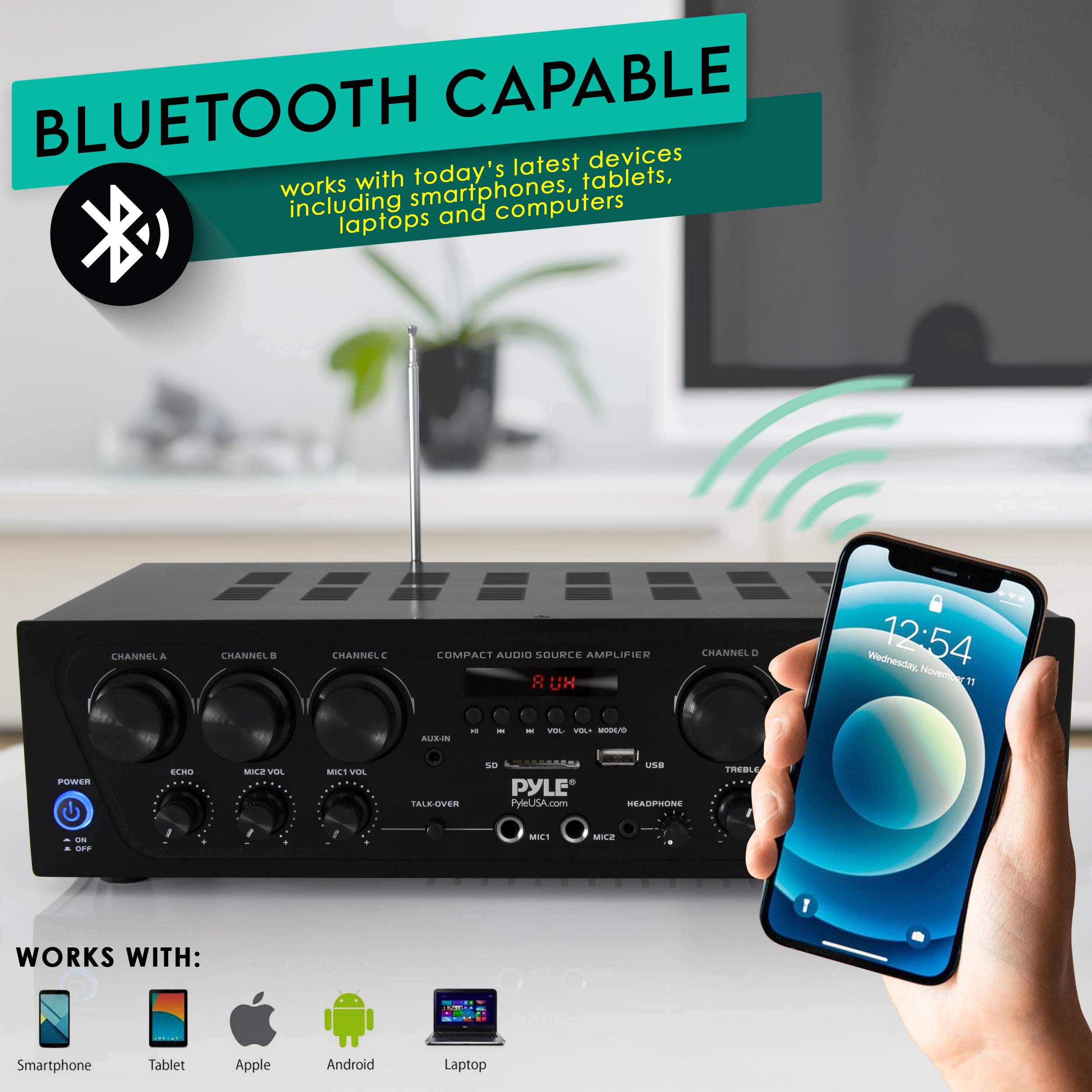 Pyle Wireless Bluetooth Karaoke-6 Channel 750 Watt Home Audio Sound Power Stereo Receiver Amplifier w/USB, Headphone, 2 Microphone Input w/Echo, Talkover for PA PTA62BT, AUX, Black