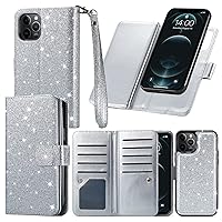 Varikke for iPhone 11 Wallet Case, Detachable Magnetic Wallet Flip Cases with Card Holder & Kickstand & Wrist Strap Fits iPhone 11 [6.1 inch] Phone Cover for Women Men Glitter PU Leather, Silver