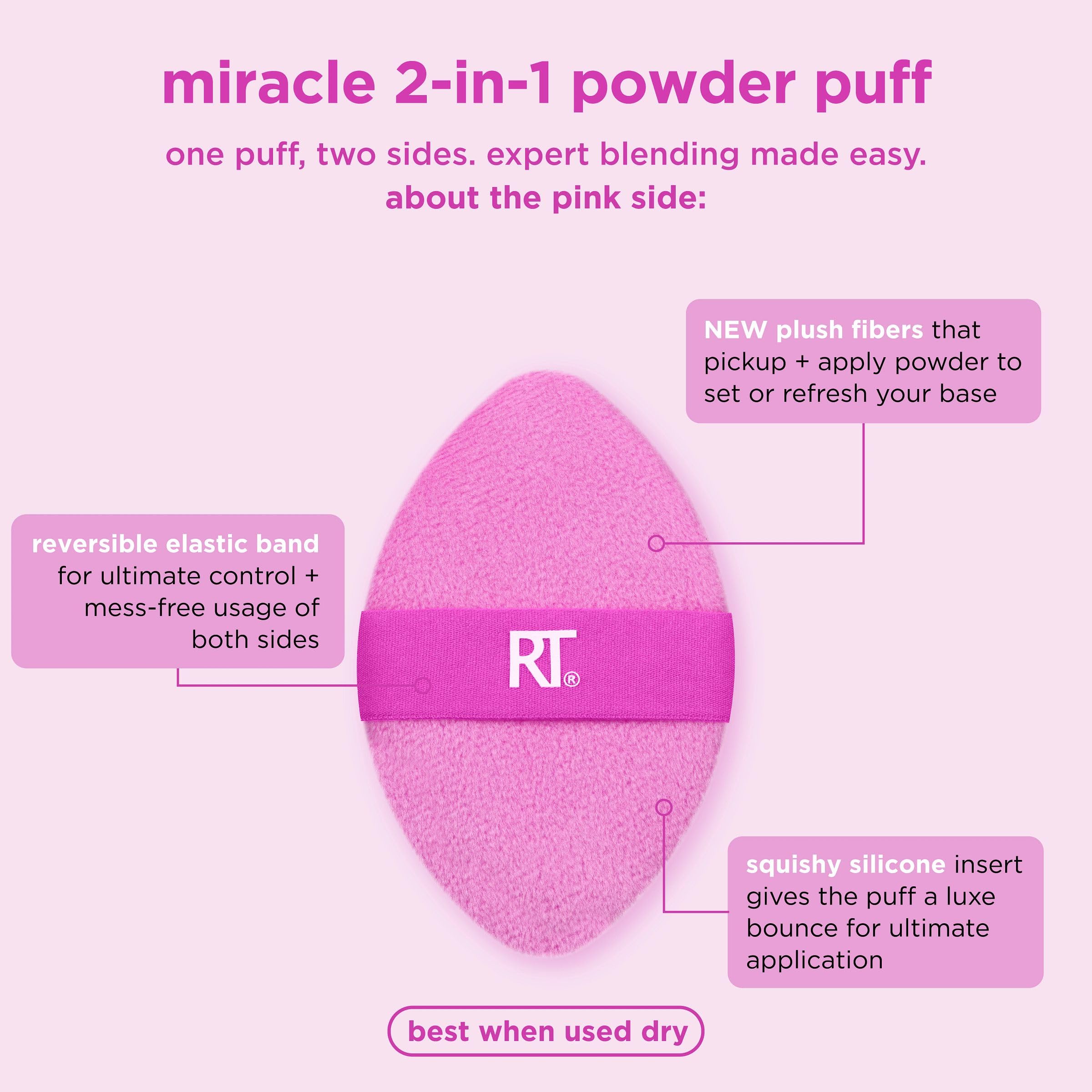 Real Techniques Miracle 2-In-1 Powder Puff, Dual-Sided, Full-Size Makeup Blending Puff, Reversible Elastic Band, Precision Tip Makeup Sponge & Powder Puff, For Liquid, Cream & Powder, 1 Count