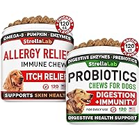 Allergy Relief + Probiotics Dogs Bundle - Itchy Skin Treatment + Digestive Enzymes - Omega 3 & Pumpkin + Prebiotics - Dogs Itching & Licking Treats + Improve Digestion - 240 Chews - Made in USA