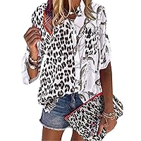 Andongnywell Women's V Neck Leopard Print Shirt Half Sleeve Button Down Shirt Cheetah Printed Blouse Tops with Pocket