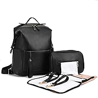 Diaper Bag Backpack Leather Backpack for Women Travel Baby Bag Mother Outdoor Backpack with Changing Pad Stroller Straps(2 pieces) Black