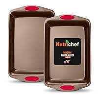 NutriChefKitchen 2-Piece Baking Pan Set-PFOA, PFOS, PTFE Free Flexible Nonstick Golden Coating Carbon Steel Bakeware-Professional Home Kitchen Bake Cookie Sheet Stackable Tray w/ Red Silicone Handles