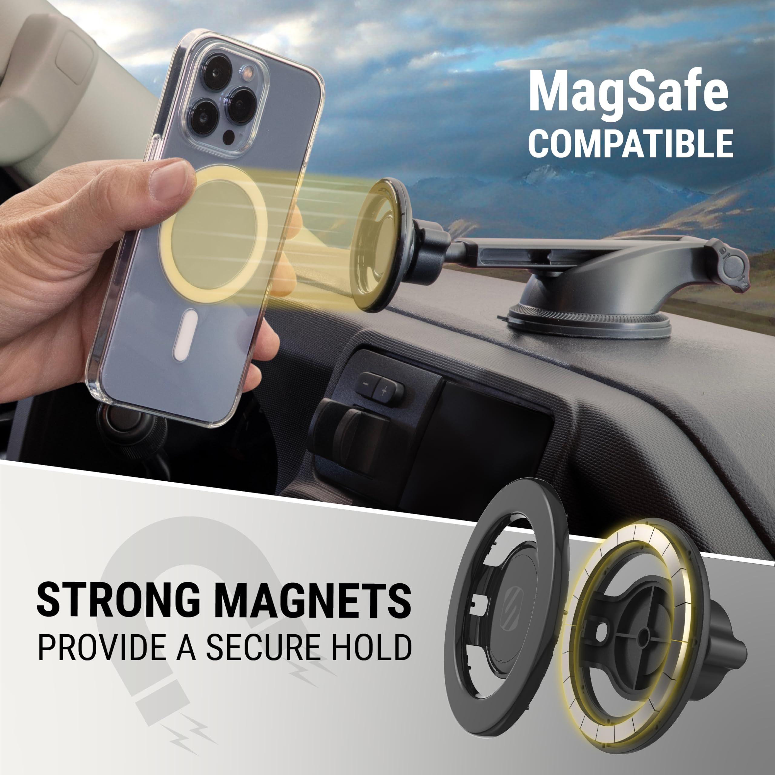 Scosche MagicMount SMSWDEX MagSafe Car Mount, Magnetic Phone Holder for Car Windshield/Dashboard, Suction Cup Phone Mount Compatible w/iPhone 15/14/13/12/Pro/Max/Plus/Mini/Mag Safe Accessories