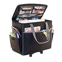 Everything Mary Sewing Machine Rolling Carrying Case, Black Quilted - Trolley Bag with Wheels for Brother, Bernina, Singer & Most Machines - Wheeled Tote Carrier for Notions & Crafts