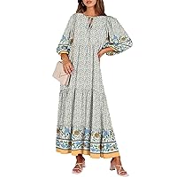 ANRABESS Womens Summer Maxi Dresses 2024 Boho Long Flowy Tropical Floral V Neck Puff Sleeve Casual A-Line Beach Dress