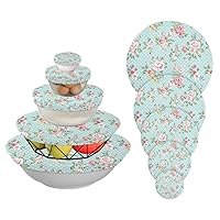 Teal Flower Bowl Covers Reusable 5 Pieces Stretch Fabric Food Storage Cover for Cup Dish Plate in 5 Size Elastic Lids for Food Containers Perfect Dish Covers for Fruits, Food, Leftover