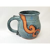 Huge Hand Thrown Pottery Mug in Slate Blue with Rust Waves Handmade in North Carolina