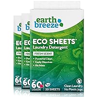 Earth Breeze Laundry Detergent Sheets - 90 Detergent Sheets - (3 Pack) 30 Sheets Per Pack - 180 Loads - Concentrated Liquidless Laundry Soap - No Plastic Jug - Fresh Scent