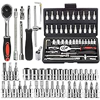 Drive Socket Set, SAE and Metric Hex Bit Socket Set, Ratchet Wrench Set with S2 & CR-V Sockets, Mechanic Tool Kits for Auto Repair Household