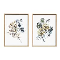 Kate and Laurel Sylvie Yellow Roses and Muted Blue Flowers Framed Canvas Wall Art Set by Sara Berrenson, 2 Piece 18x24 Natural, Soft Neutral Flower Bouquet Art for Wall