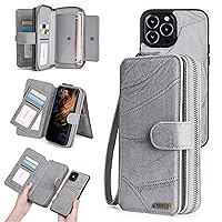 Wallet Case Compatible with iPhone 13/13 Pro/13 Pro Max/13 Mini Detachable Multifunction Magnetic Zipper Leather Flip Cover CaseWrist Strap Stand Feature (Gray,iPhone 13 Pro)