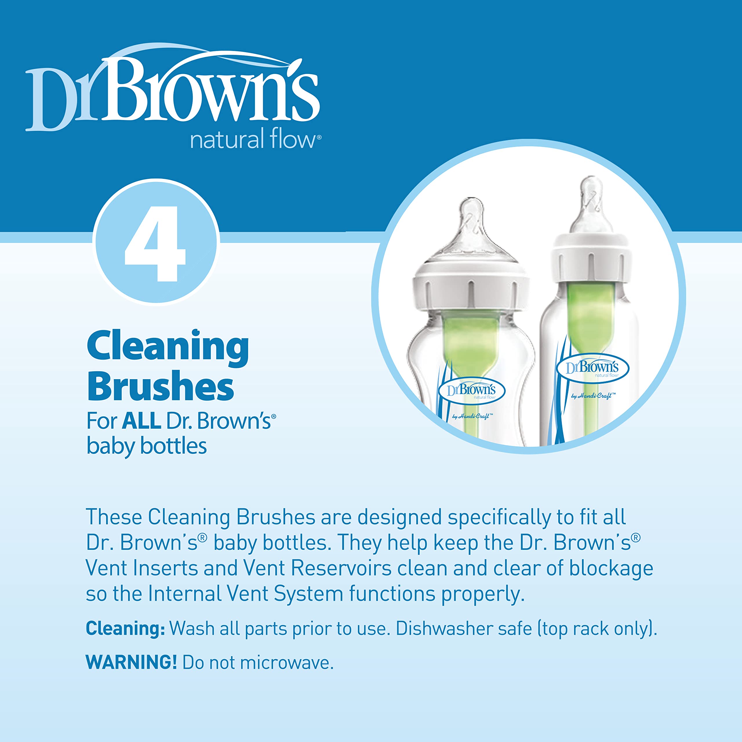Dr. Brown’s Natural Flow Reusable Baby Bottle Vent System and Reservoir Cleaning Bristle Brush, BPA Free, Blue Brushes, 4-Pack