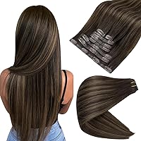16 Inch Clip in Brown Human Hair Extensions PU Weft Clip in Real Hair Extensions Dark Brown Roots 2/8/2 Balayage Brown Invsisible Remy Hair Clip ins Thick Hair 8PCs 120Grams For Black Women