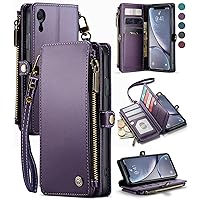 Defencase for iPhone XR Case, RFID Blocking for iPhone XR Wallet Case for Women and Men with Credit Card Holder Zipper Pocket Book Flip PU Leather Protective Cover for iPhone XR Phone Case, Purple
