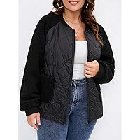 Plus Size Womens Jackets Plus Raglan Sleeve Double Pocket Argyle Quilted Coat Plus Size Jackets (Color : Black, Size : X-Large)
