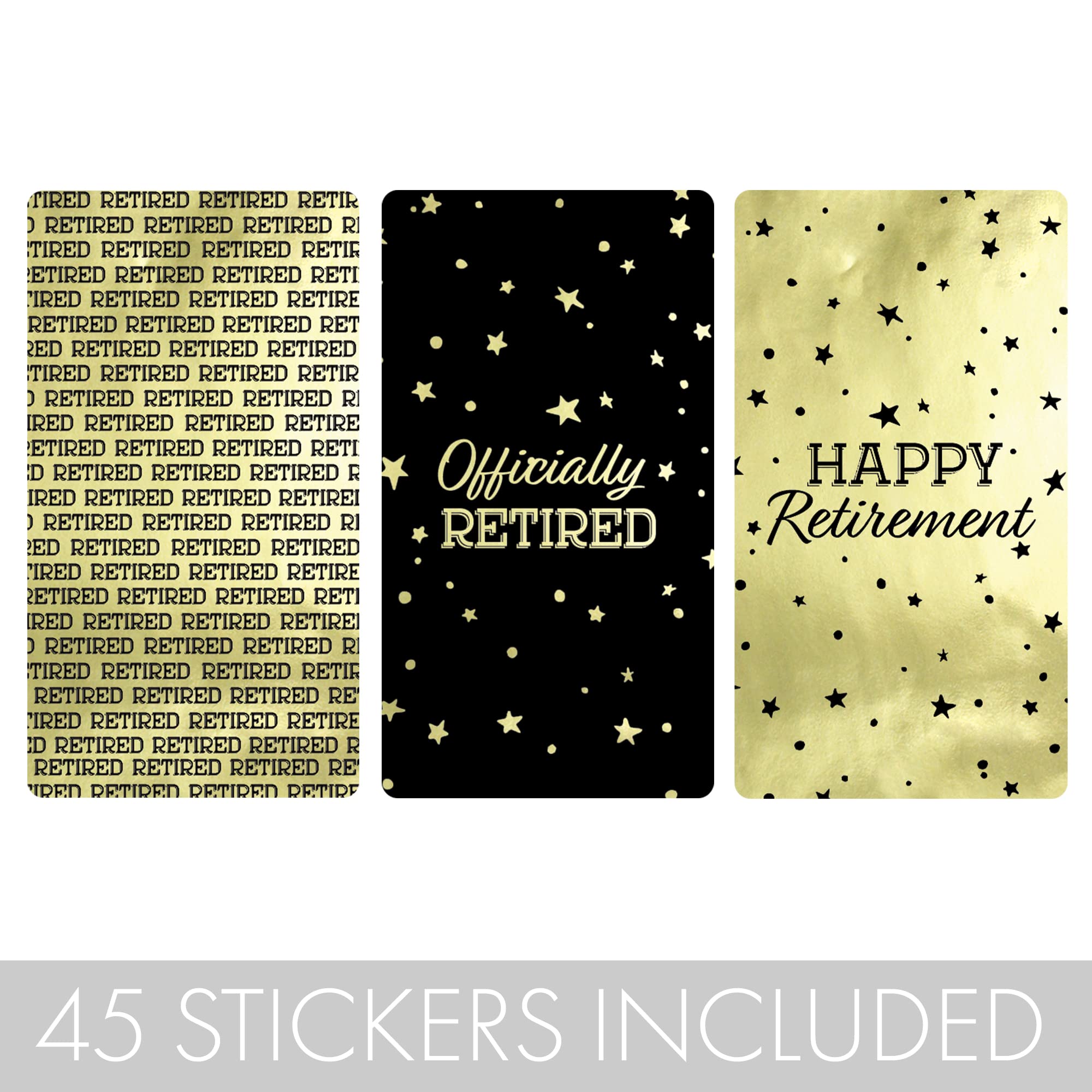 DISTINCTIVS Black and Gold Retirement Mini Candy Bar Wrappers - Shiny Foil - 45 Stickers