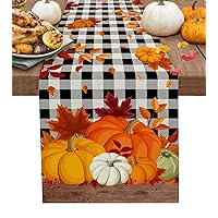 Happy Fall Table Runner 72 Inches Long for Dining Table, Cotton Linen Farmhouse Table Runner Washable Dresser Scarf for Kitchen Coffee Table Party Holiday Thanksgiving Pumpkin Maple Leaf Plaid 13x72in