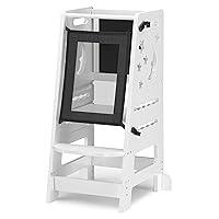 TOETOL Bamboo Toddler Kitchen Stool for Kids Step Stool - White Little Helper Tower Adjustable Height with Learning Black & White Activity Board