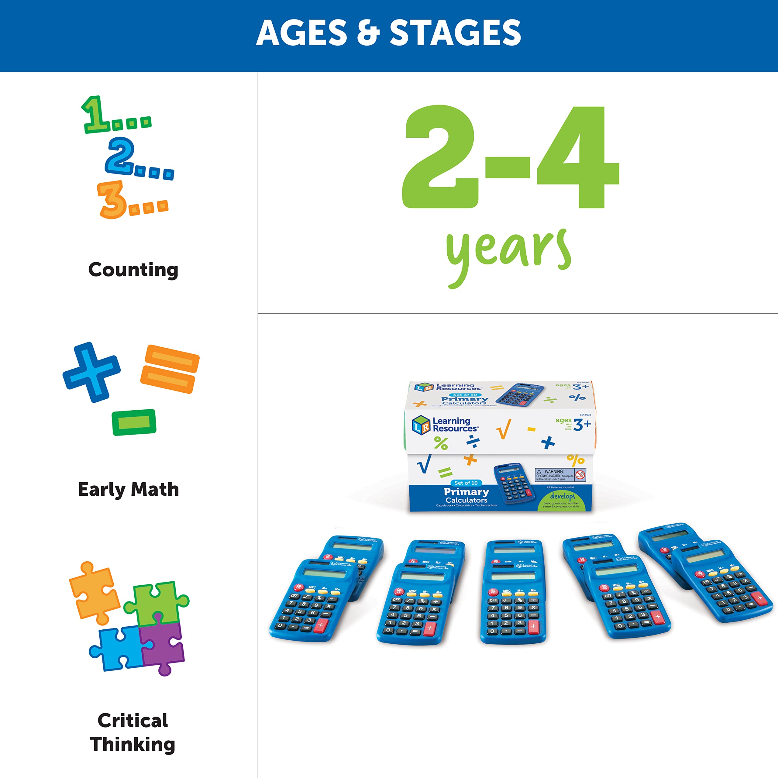 Learning Resources Primary Calculator - 10 Pieces, Ages 3+, Basic Solar Powered Calculators, Teacher Supplies, Back to School Supplies