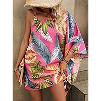 Dresses for Women - Tropical Print Chain Detail Asymmetrical Neck Batwing Sleeve Dress (Color : Pink, Size : Large)